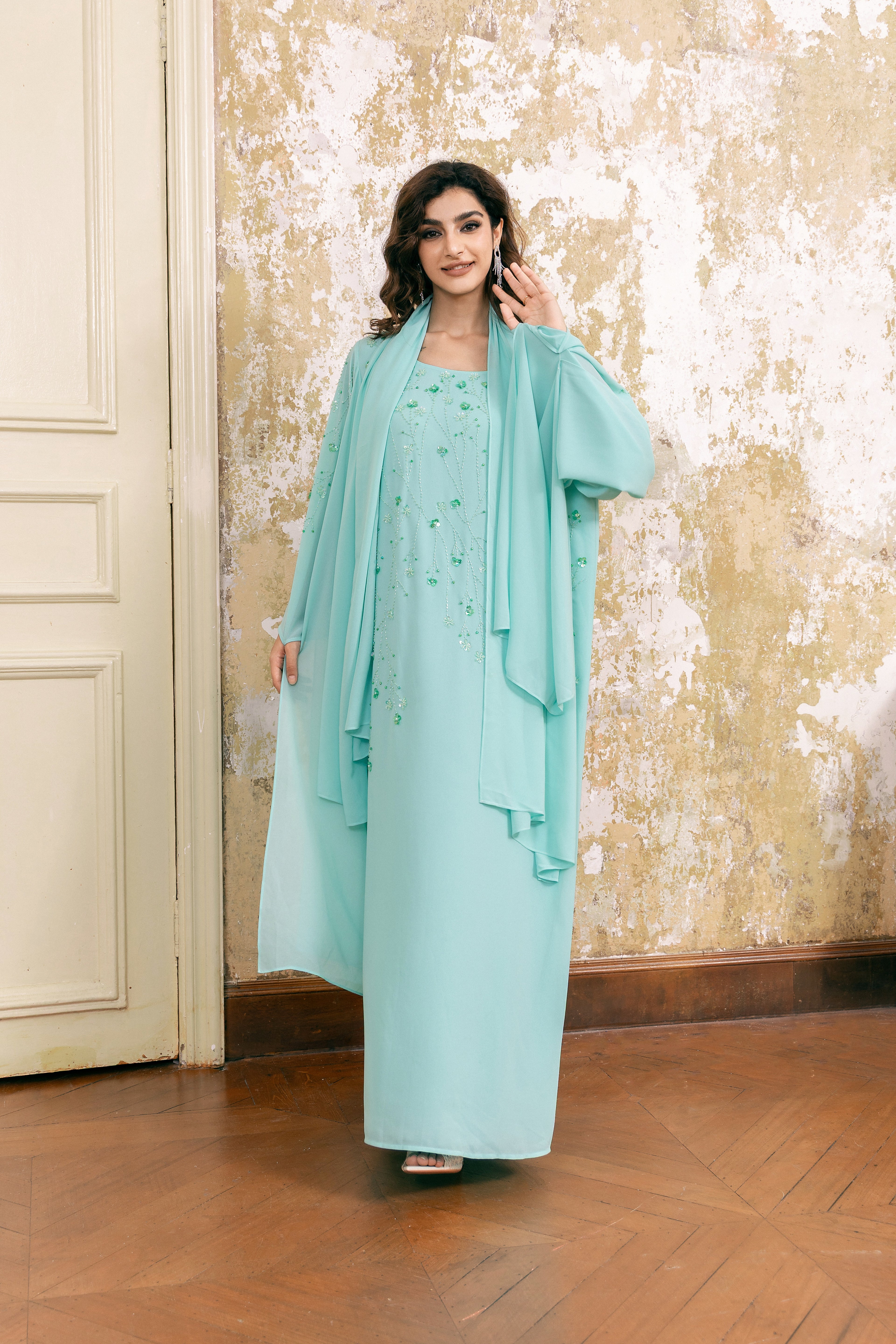 P25018 Green Hand made Sequin-Embellished Abaya Dress Set