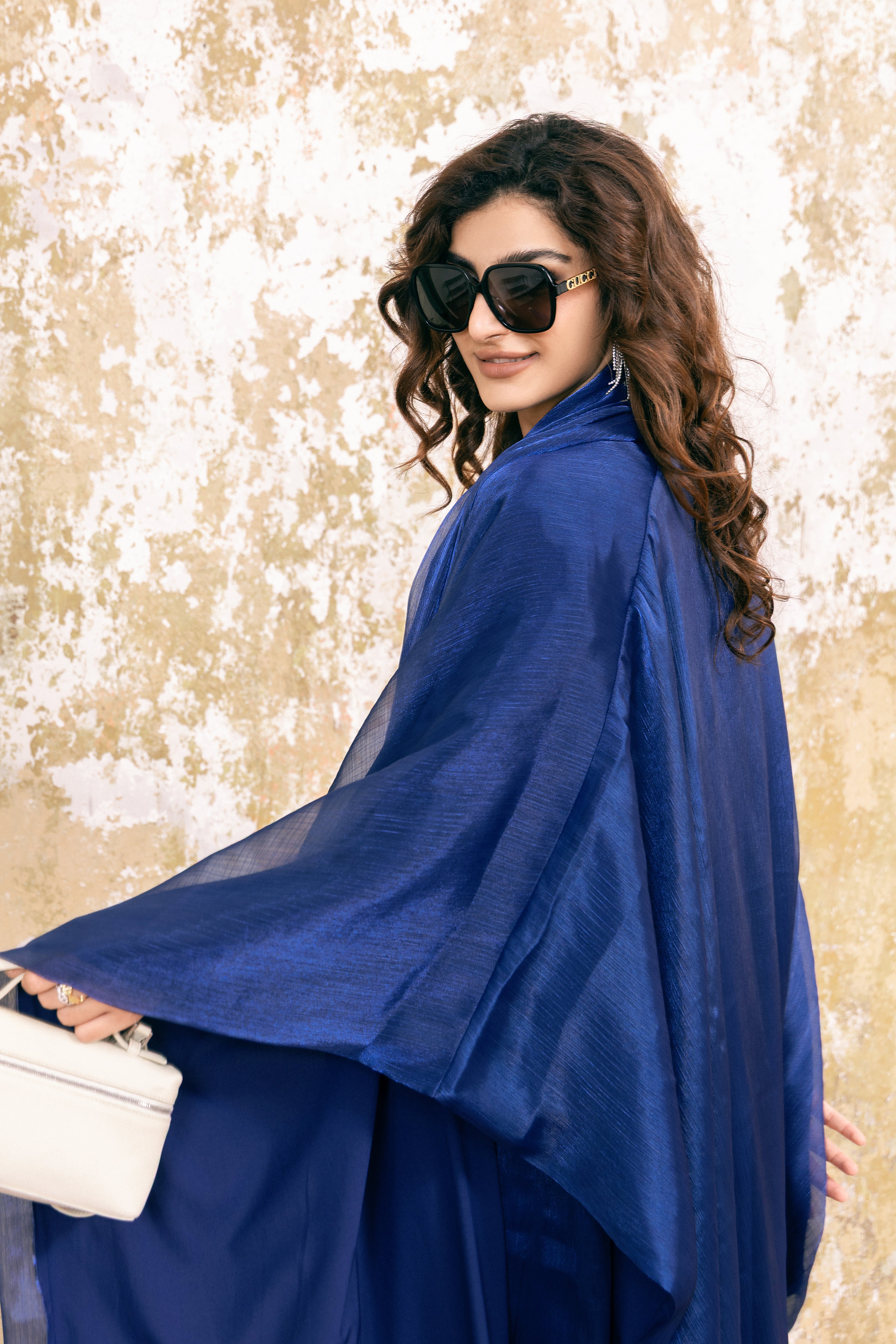 P25006 Bright Blue Metallic Sheen Chiffon Abaya Set