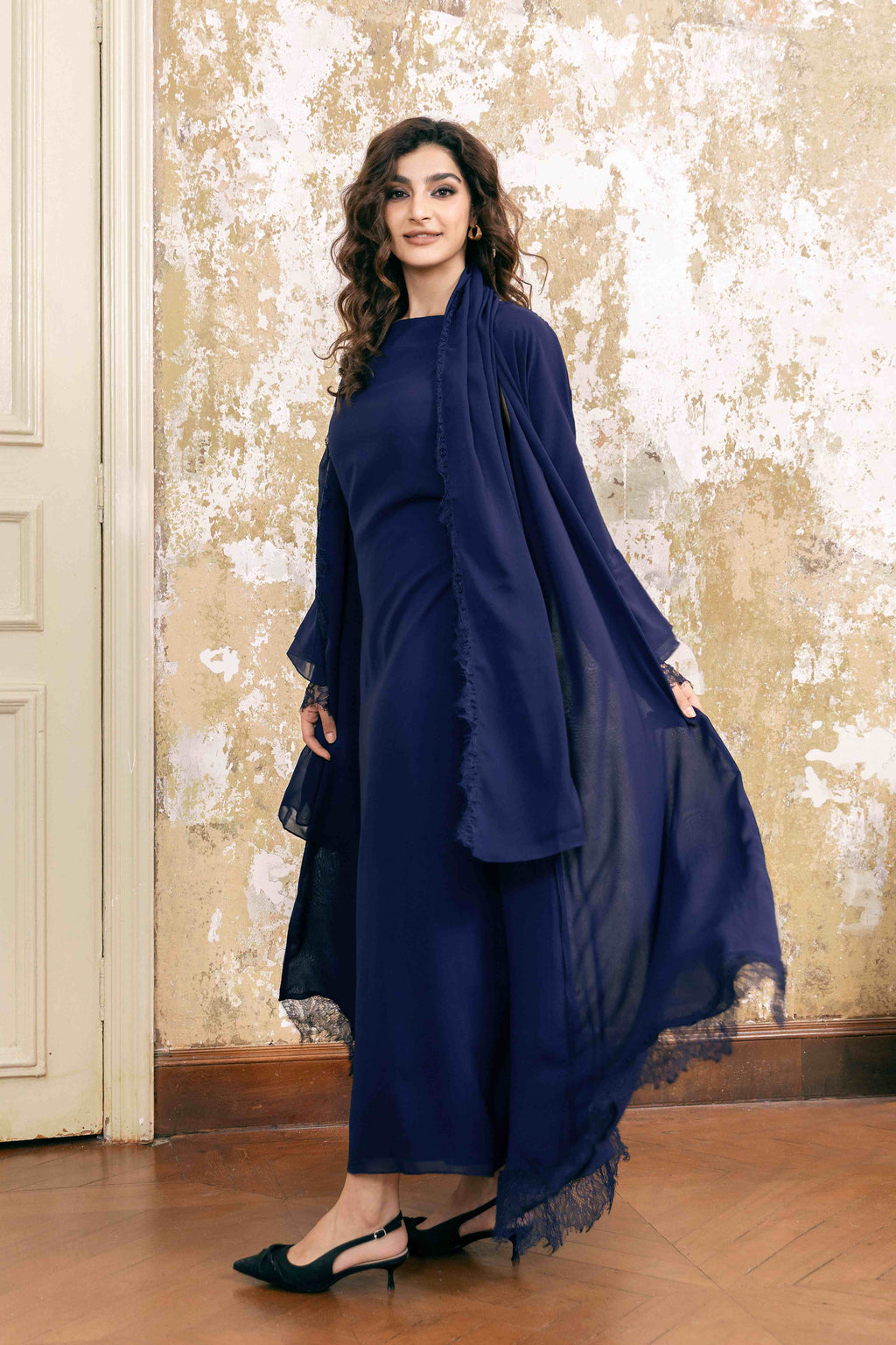 Ensemble robe abaya légère et transparente bleu foncé P25028