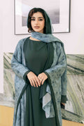 Front view of Garden Green Floral Abaya with intricate nature pattern
