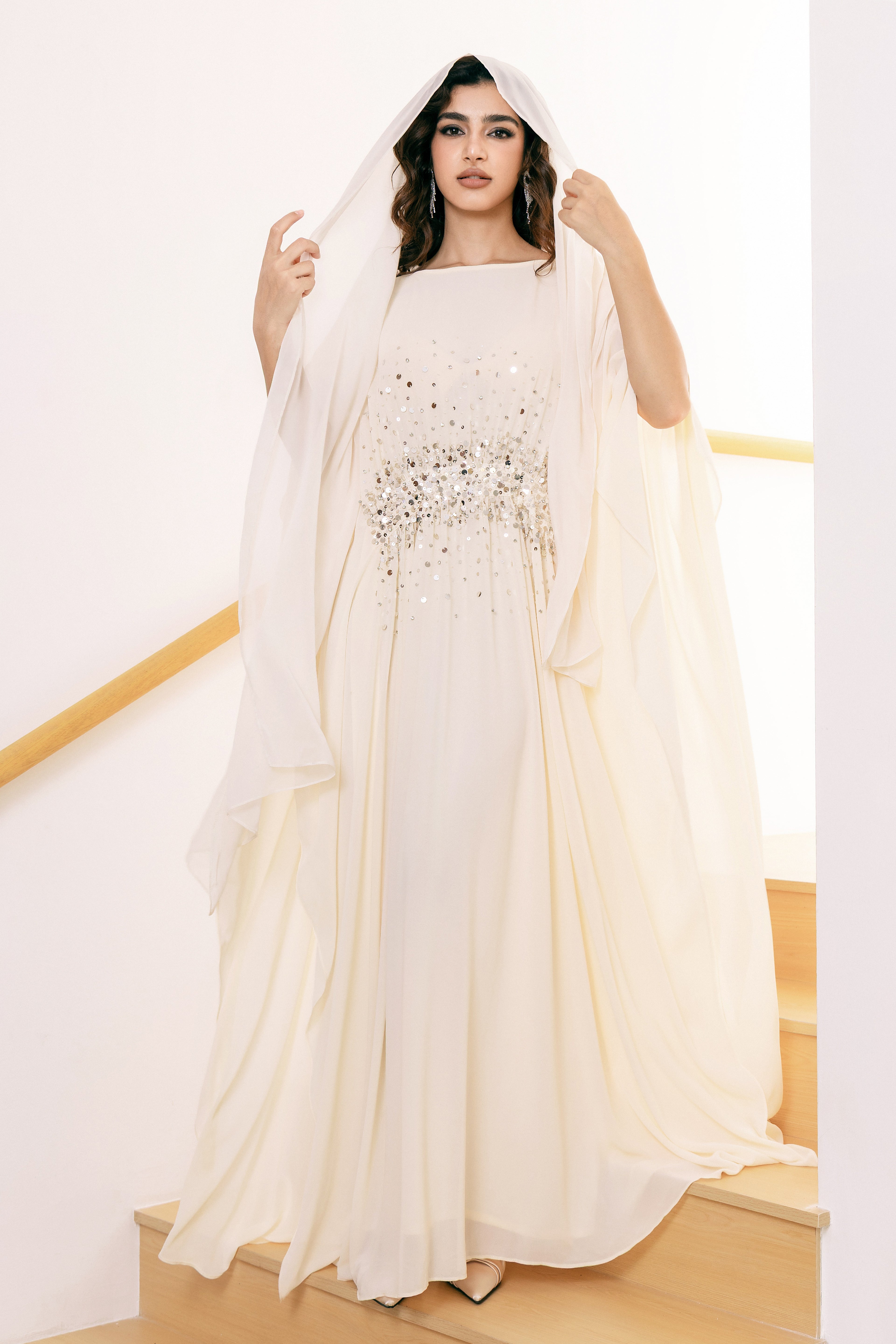 P25017 Light Beige Sequin-Embellished Abaya Dress Set