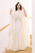 Main shot of Light Beige Abaya with exquisite sequin embroidery.