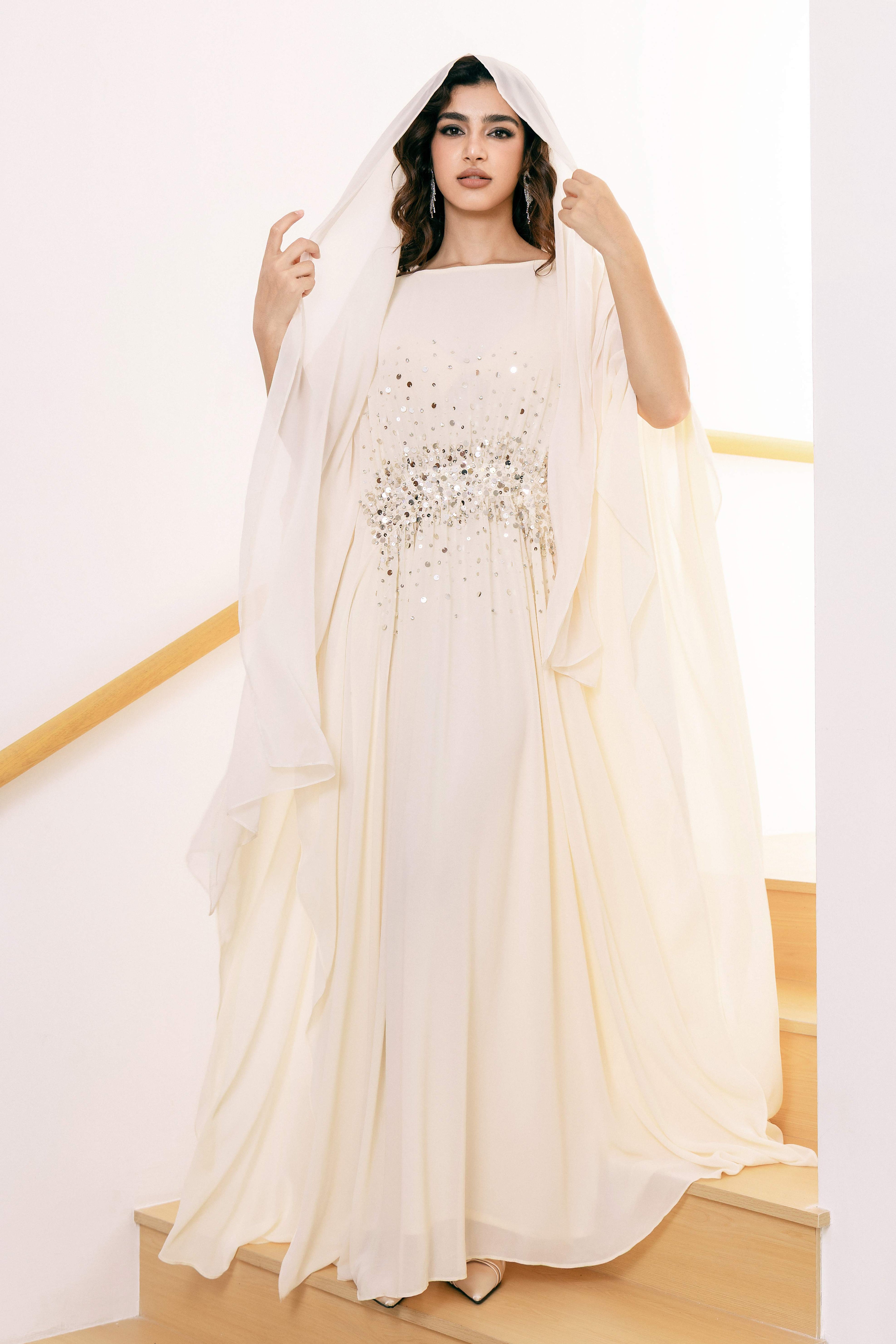 P25017 Light Beige Sequin-Embellished Abaya Dress Set