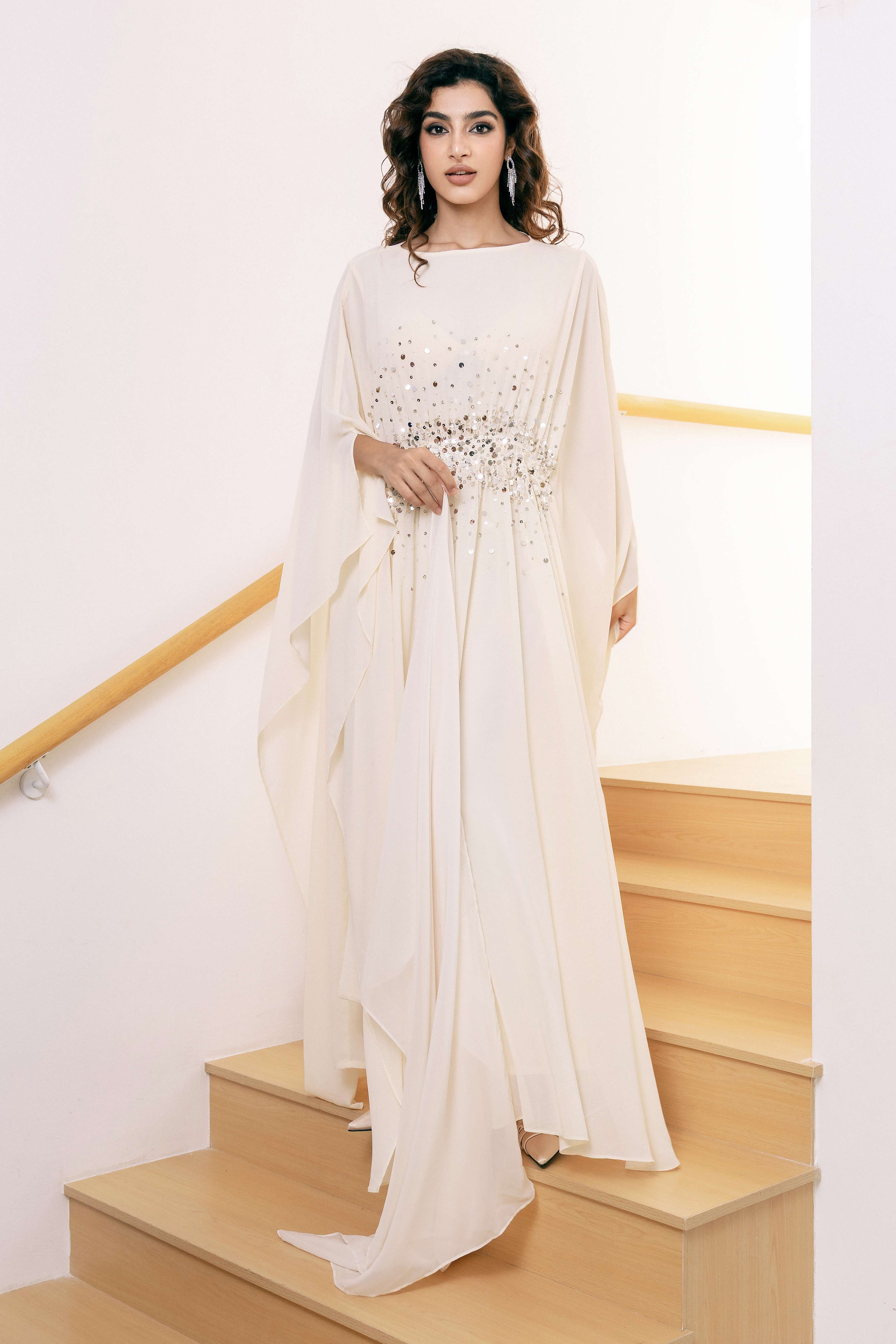 P25017 Light Beige Sequin-Embellished Abaya Dress Set