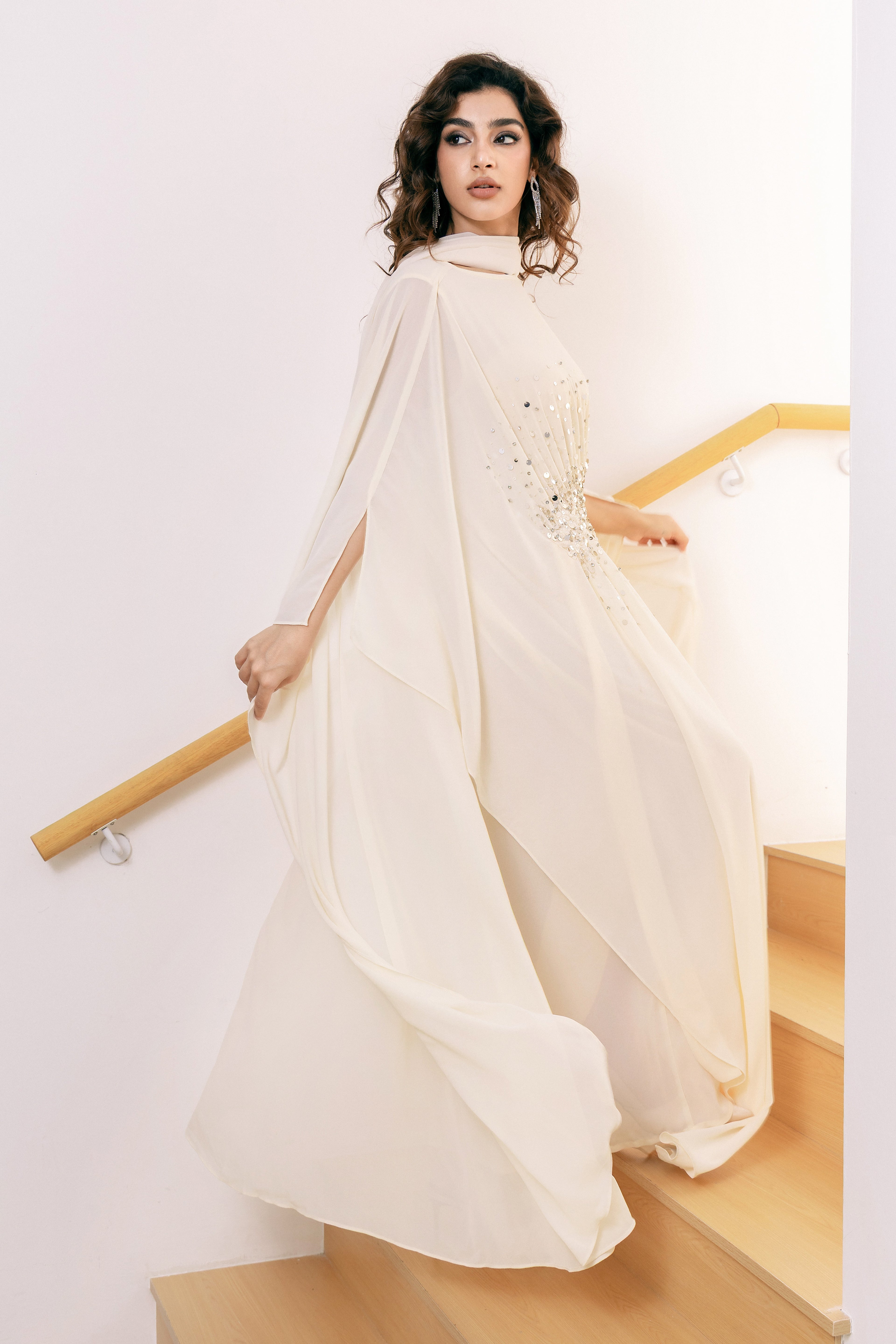 P25017 Light Beige Sequin-Embellished Abaya Dress Set
