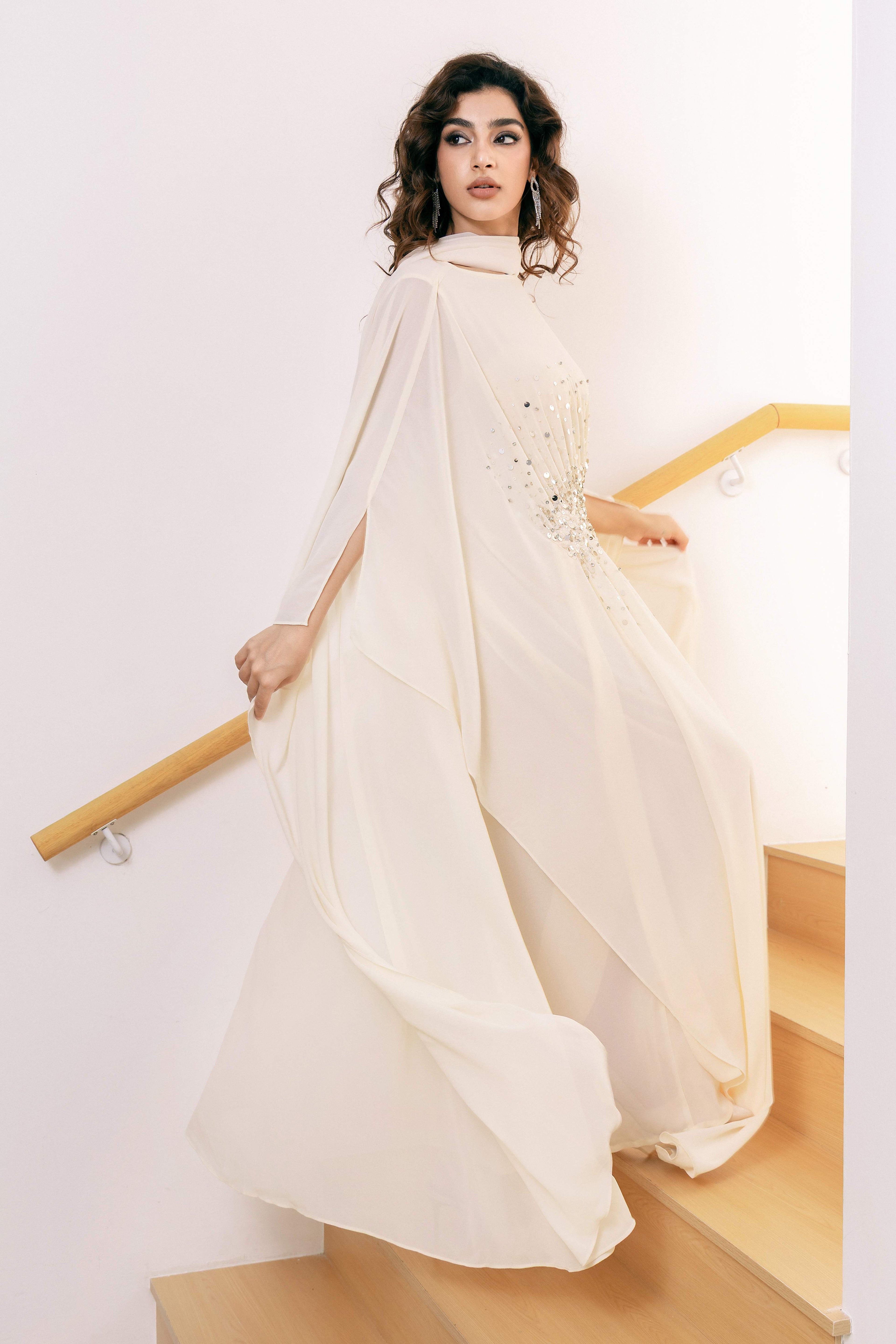 P25017 Light Beige Sequin-Embellished Abaya Dress Set