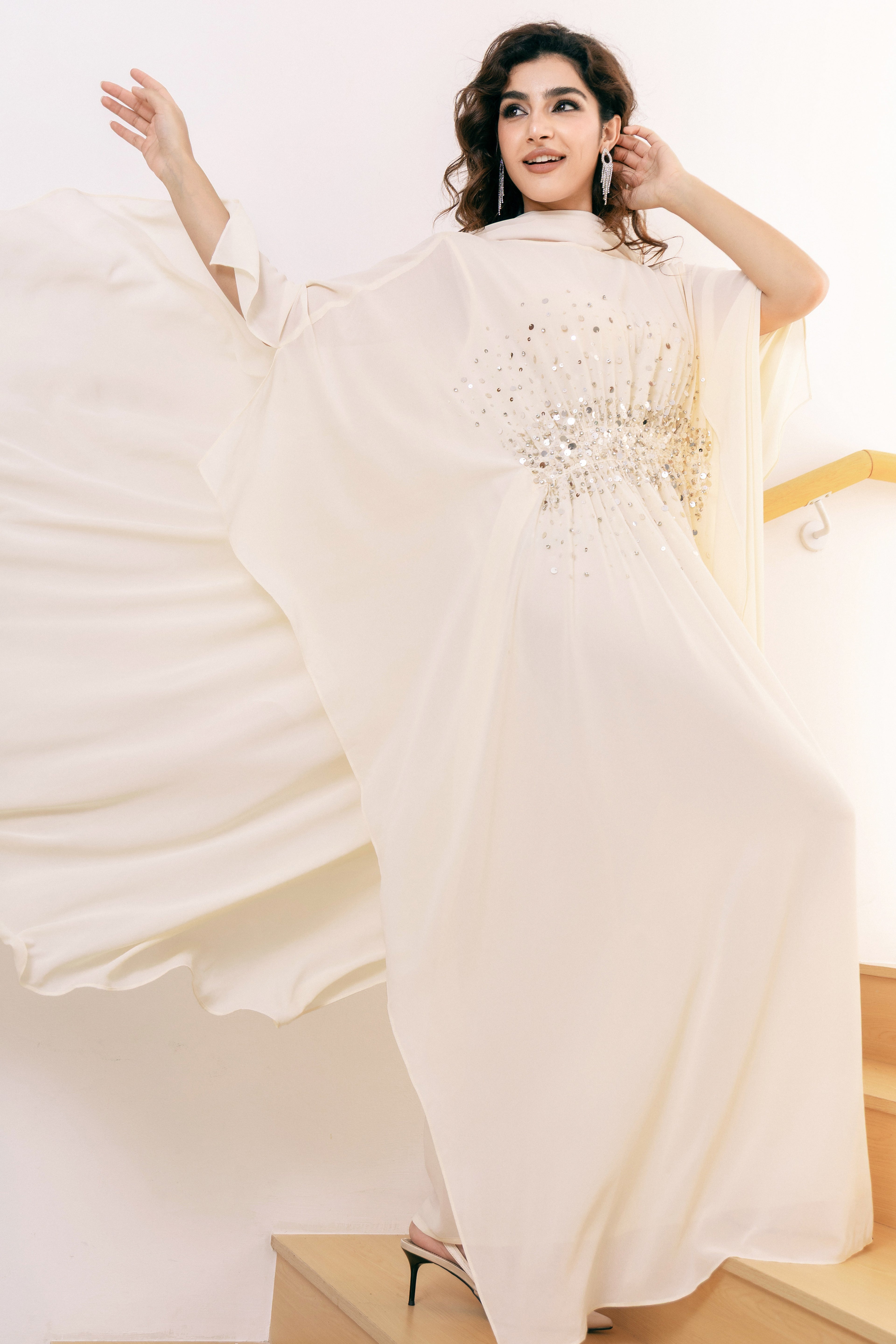 P25017 Light Beige Sequin-Embellished Abaya Dress Set