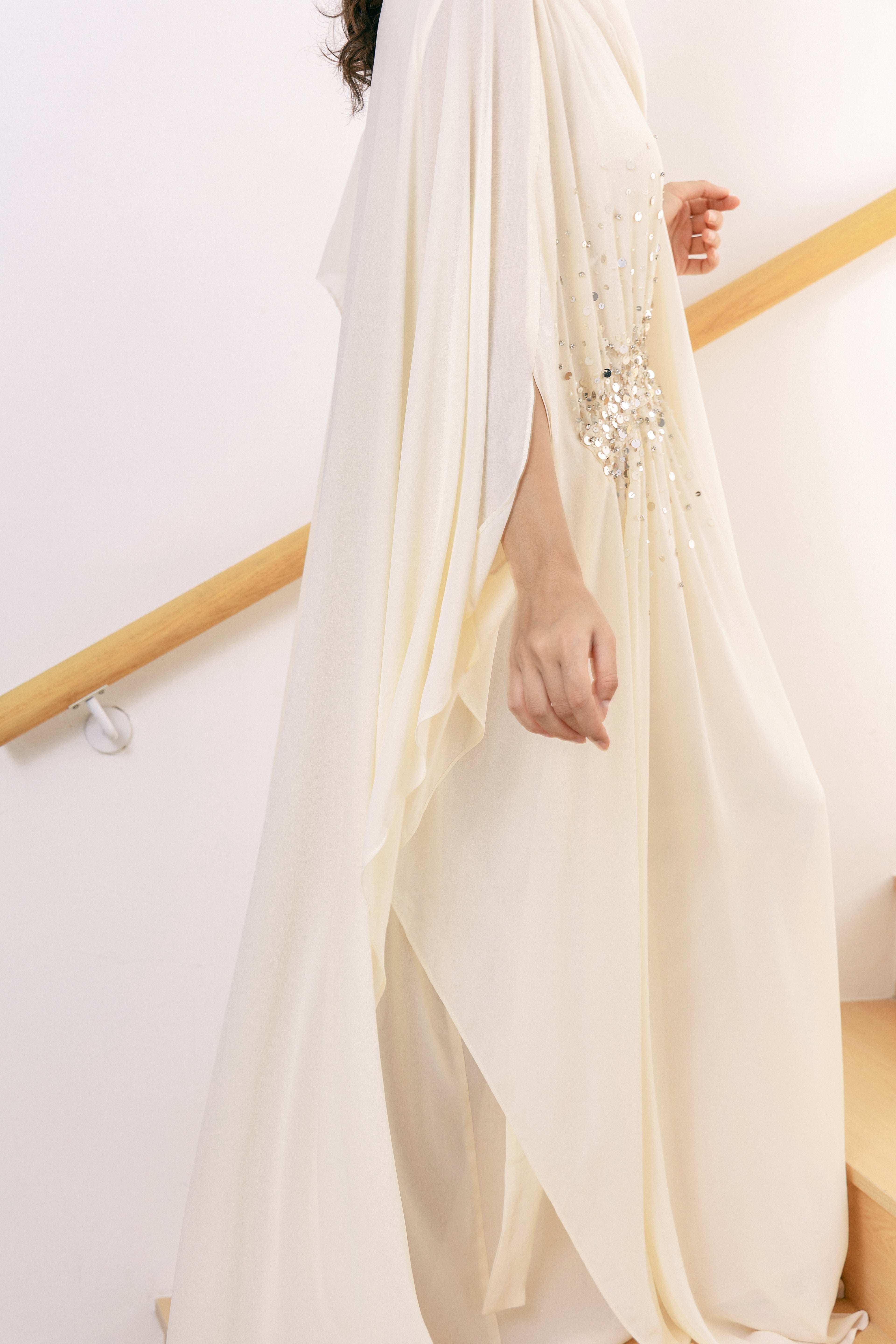 P25017 Light Beige Sequin-Embellished Abaya Dress Set