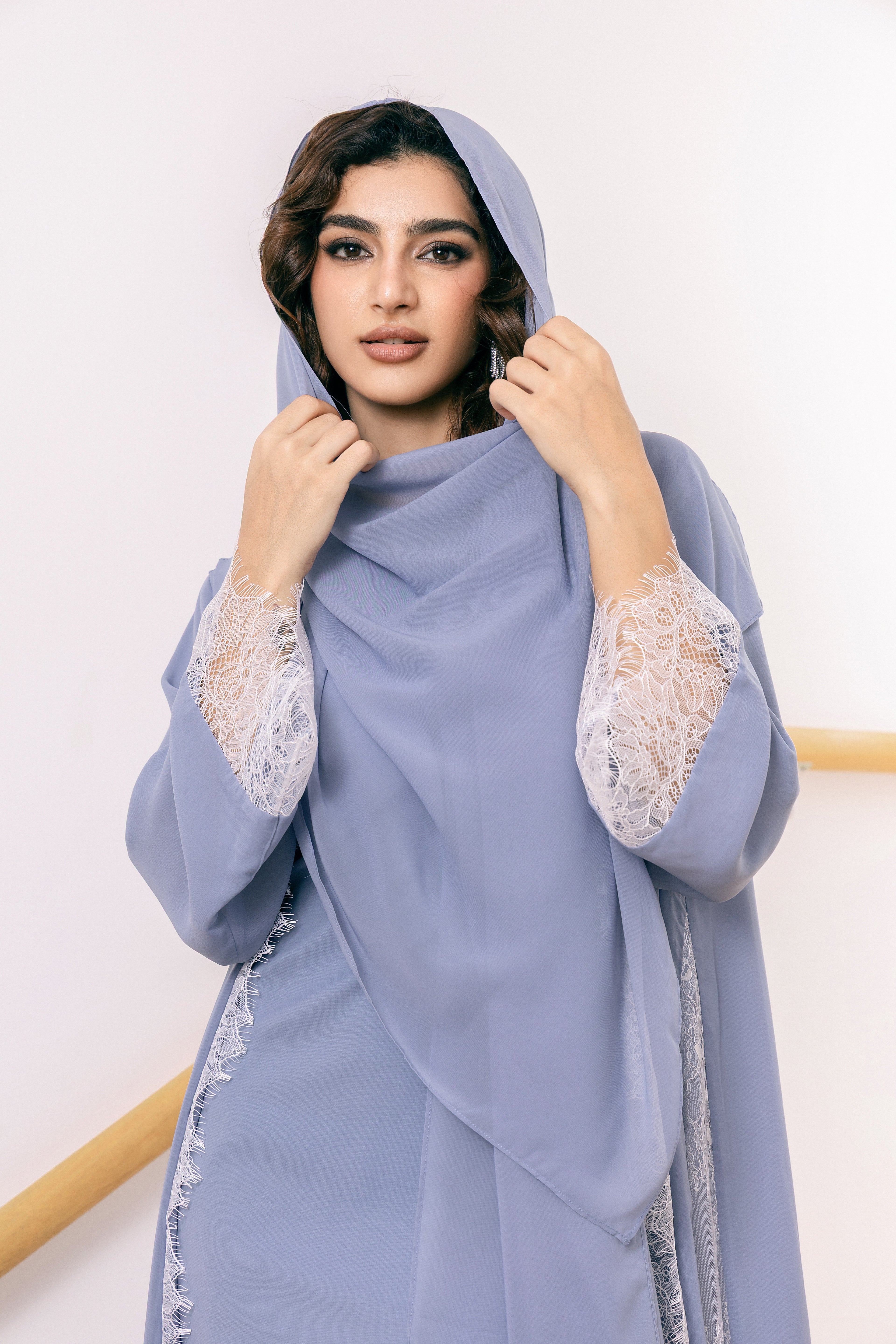 P25029 Haze Blue Chiffon Abaya Dress Set with Lace Trims