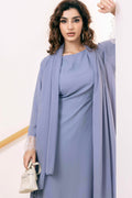 Front view of Haze Blue Chiffon Abaya with elegant lace trims