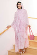 Full-length standing pose in Light Pink Floral Abaya on a staircase