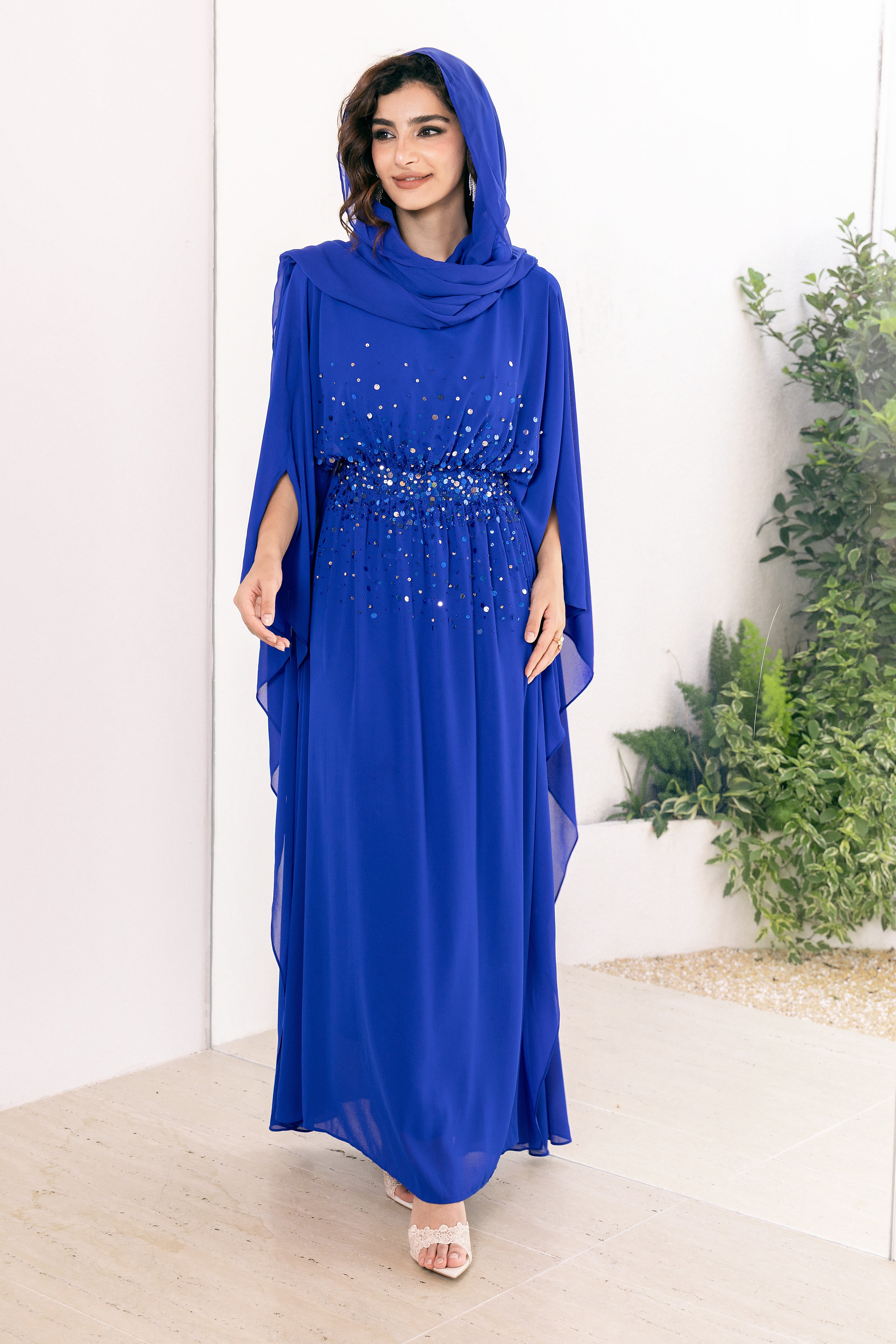 P25017 Bright Blue Sequin-Embellished Abaya Dress Set