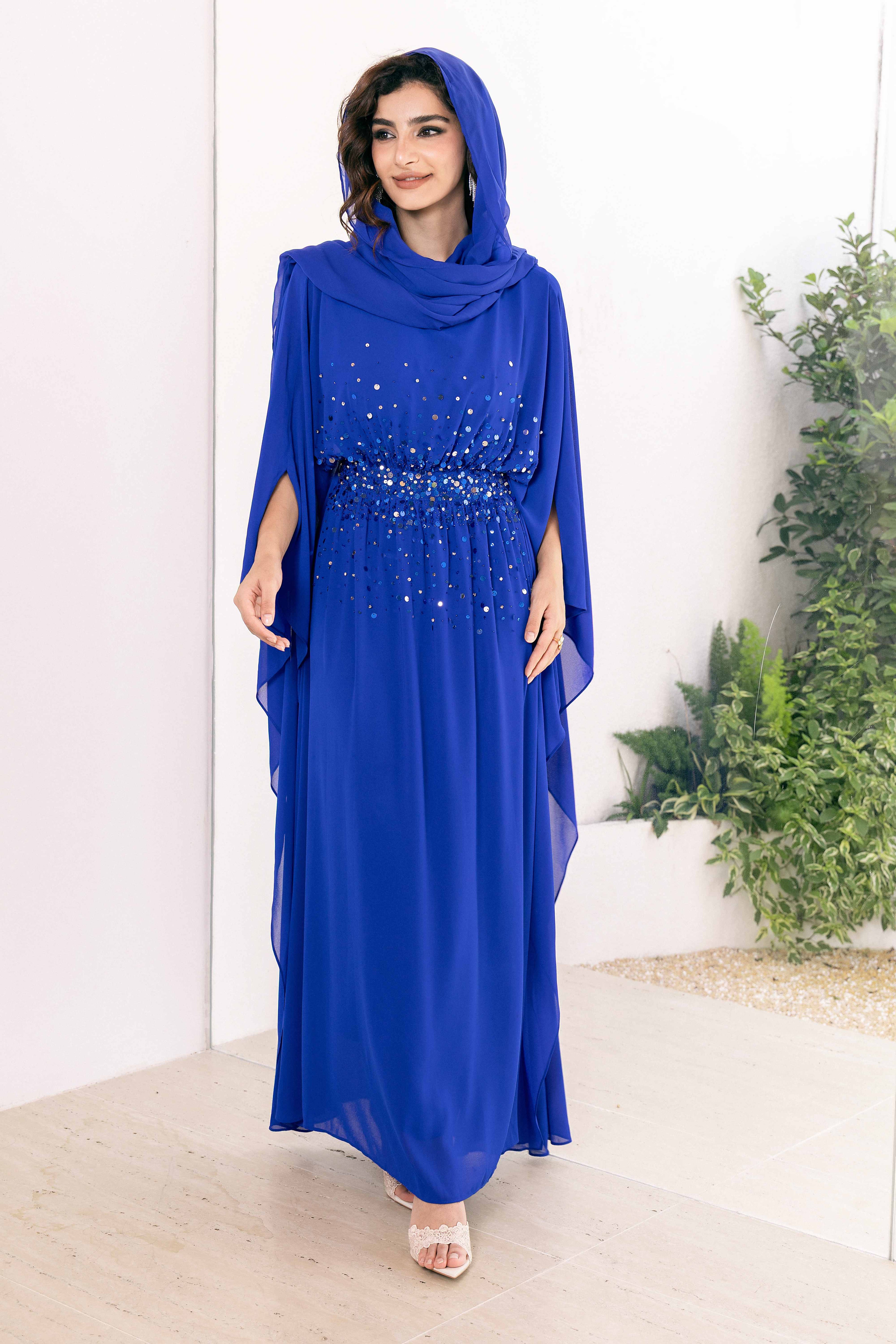 P25017 Bright Blue Sequin-Embellished Abaya Dress Set