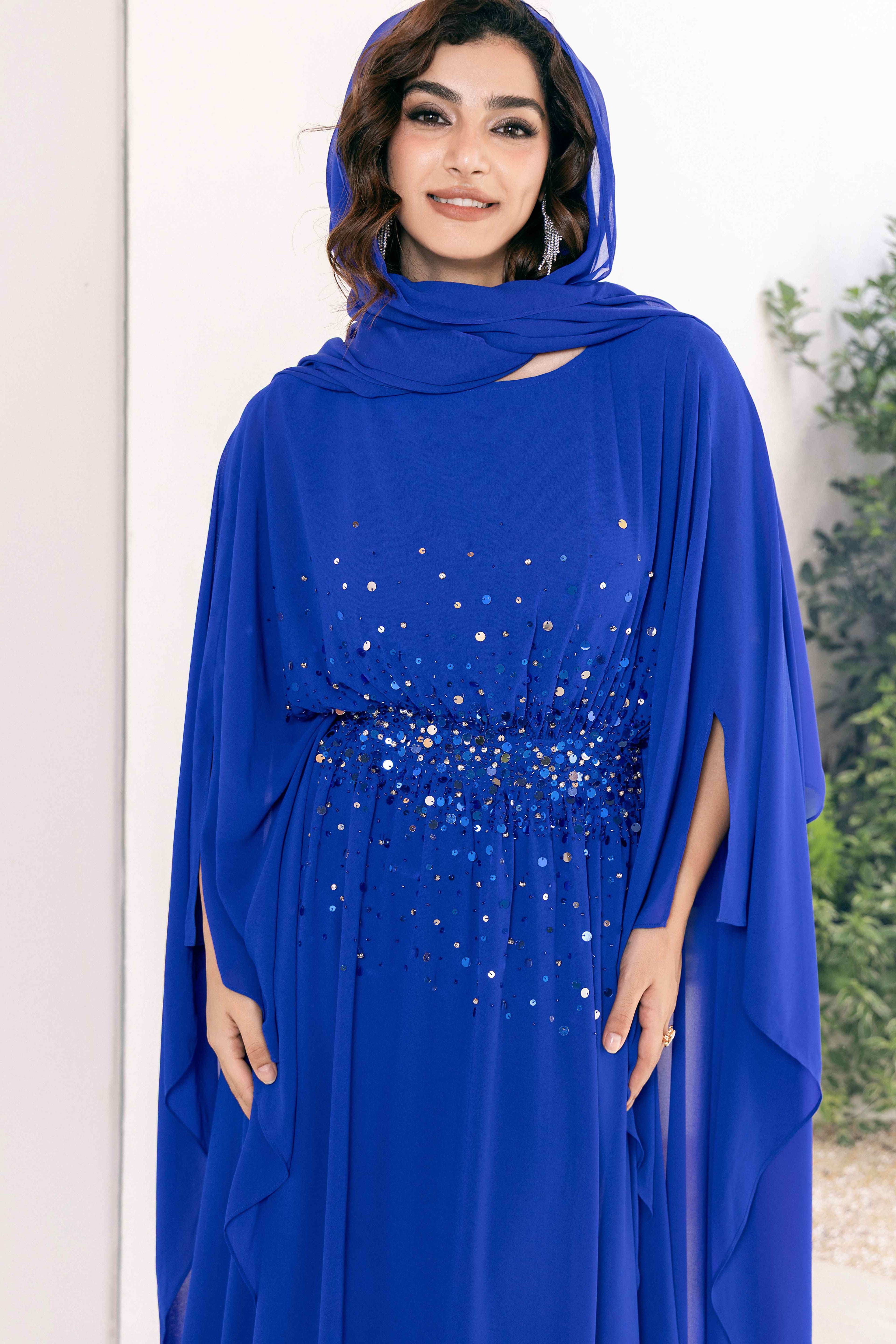 P25017 Bright Blue Sequin-Embellished Abaya Dress Set