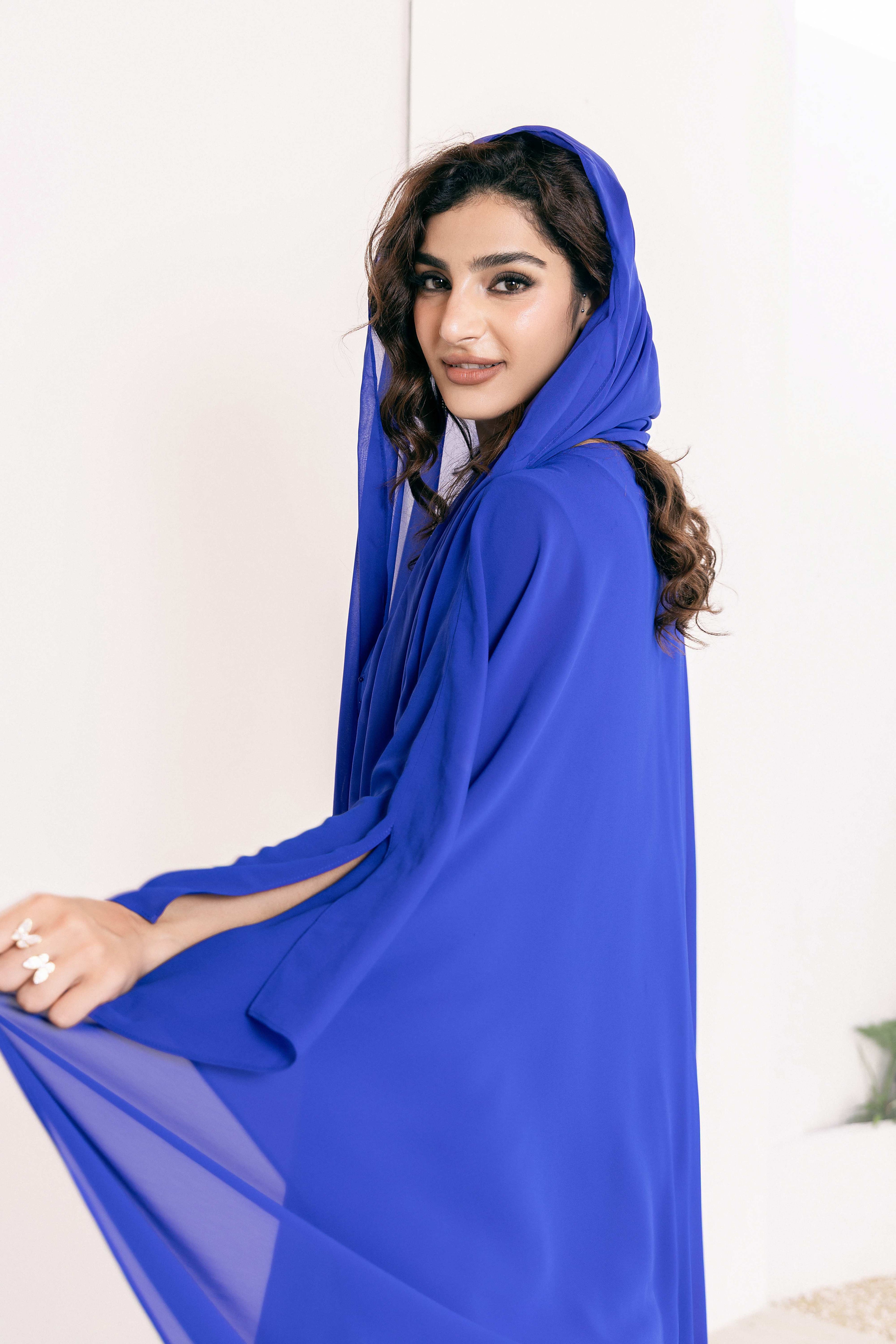 P25017 Bright Blue Sequin-Embellished Abaya Dress Set