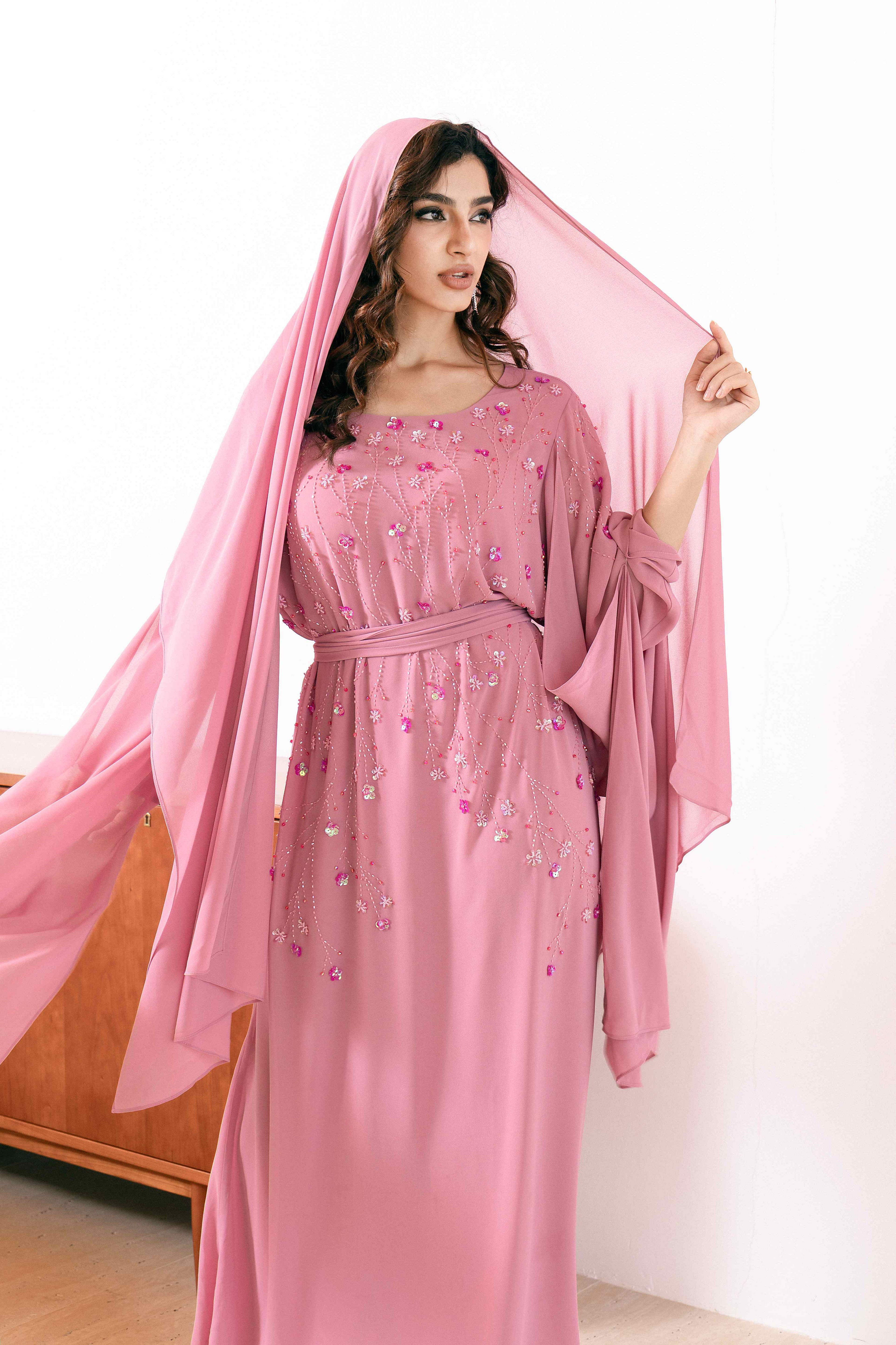 P25018 Pink Hand made Sequin-Embellished Abaya Dress Set