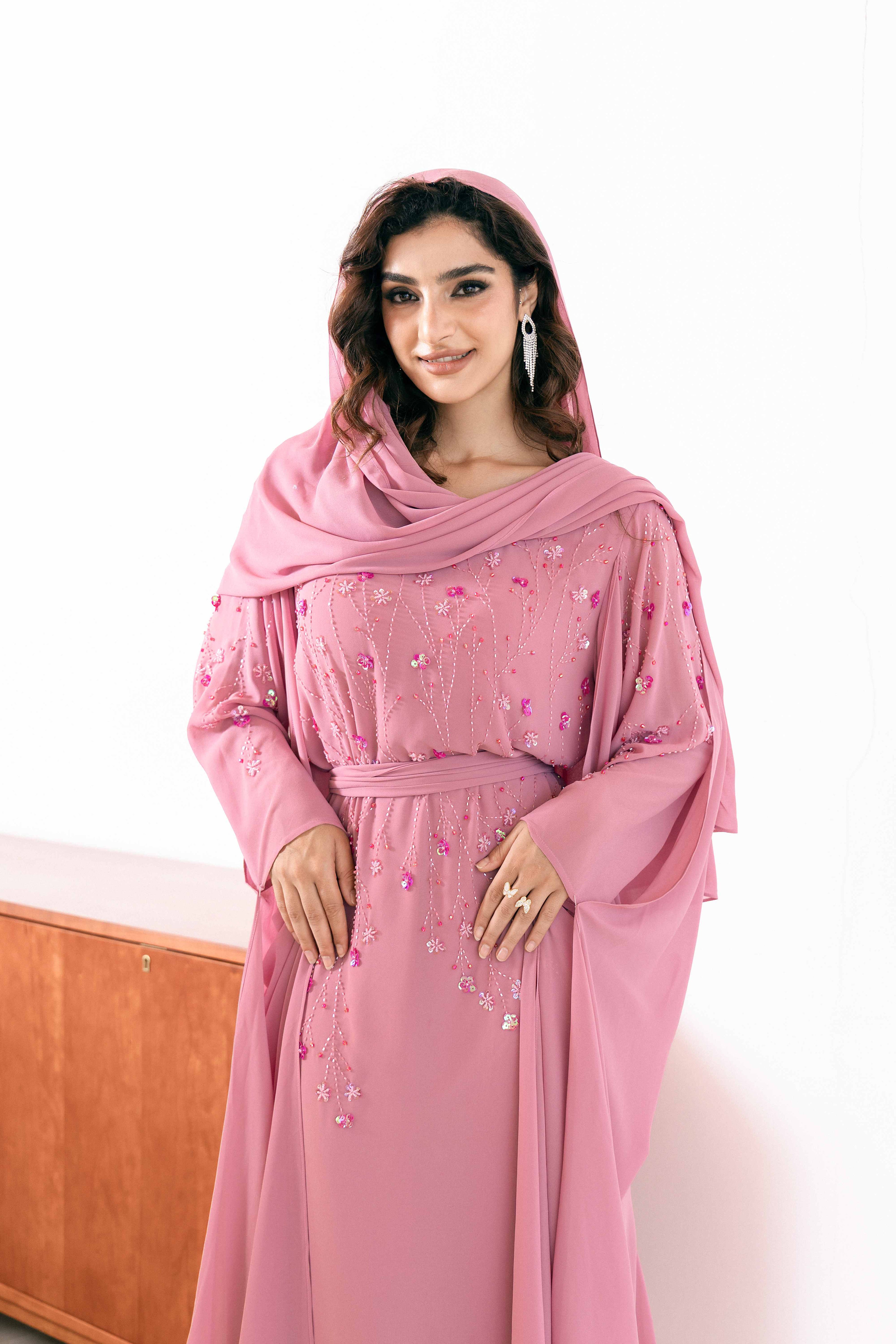 P25018 Pink Hand made Sequin-Embellished Abaya Dress Set