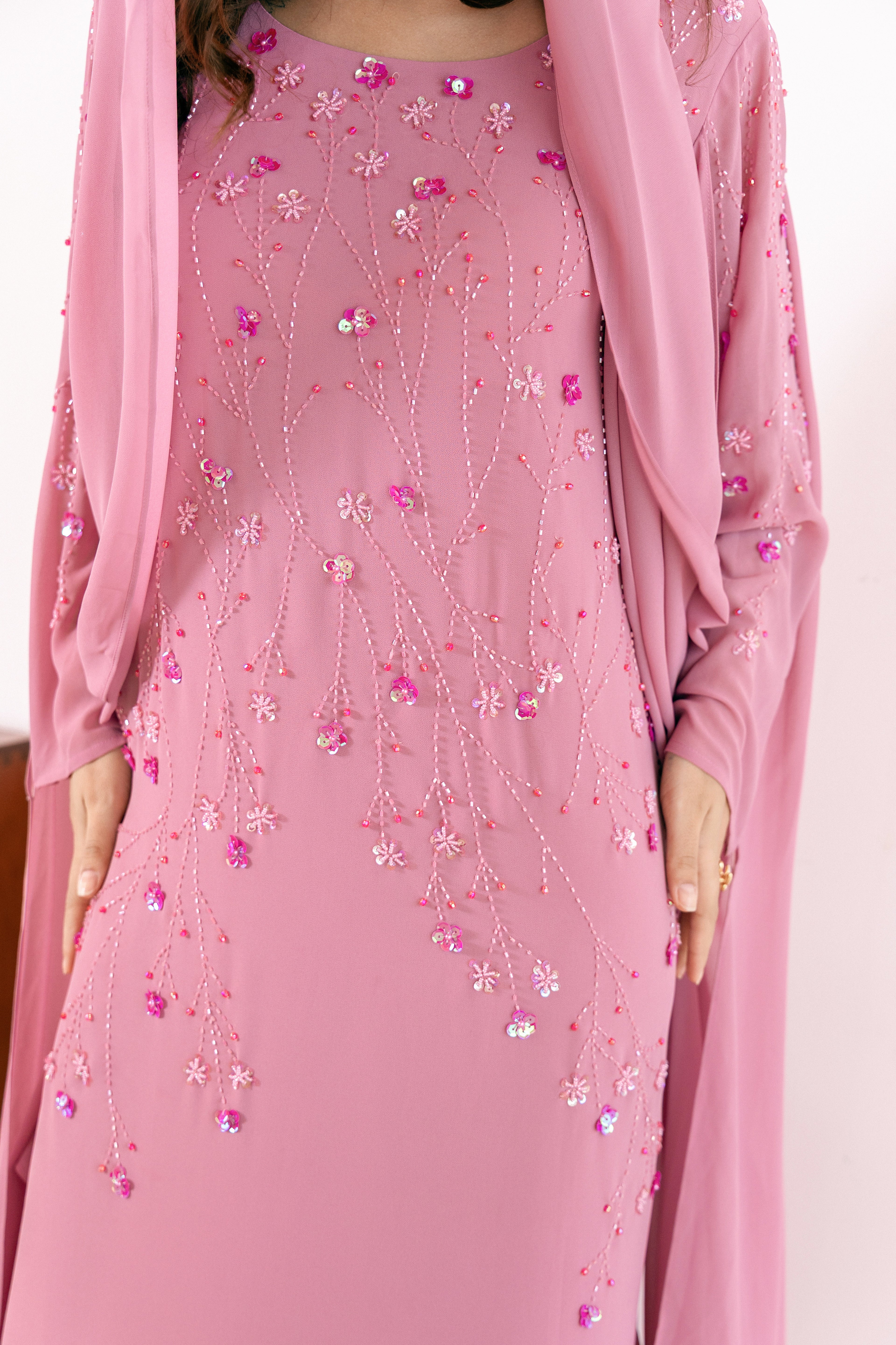 P25018 Pink Hand made Sequin-Embellished Abaya Dress Set