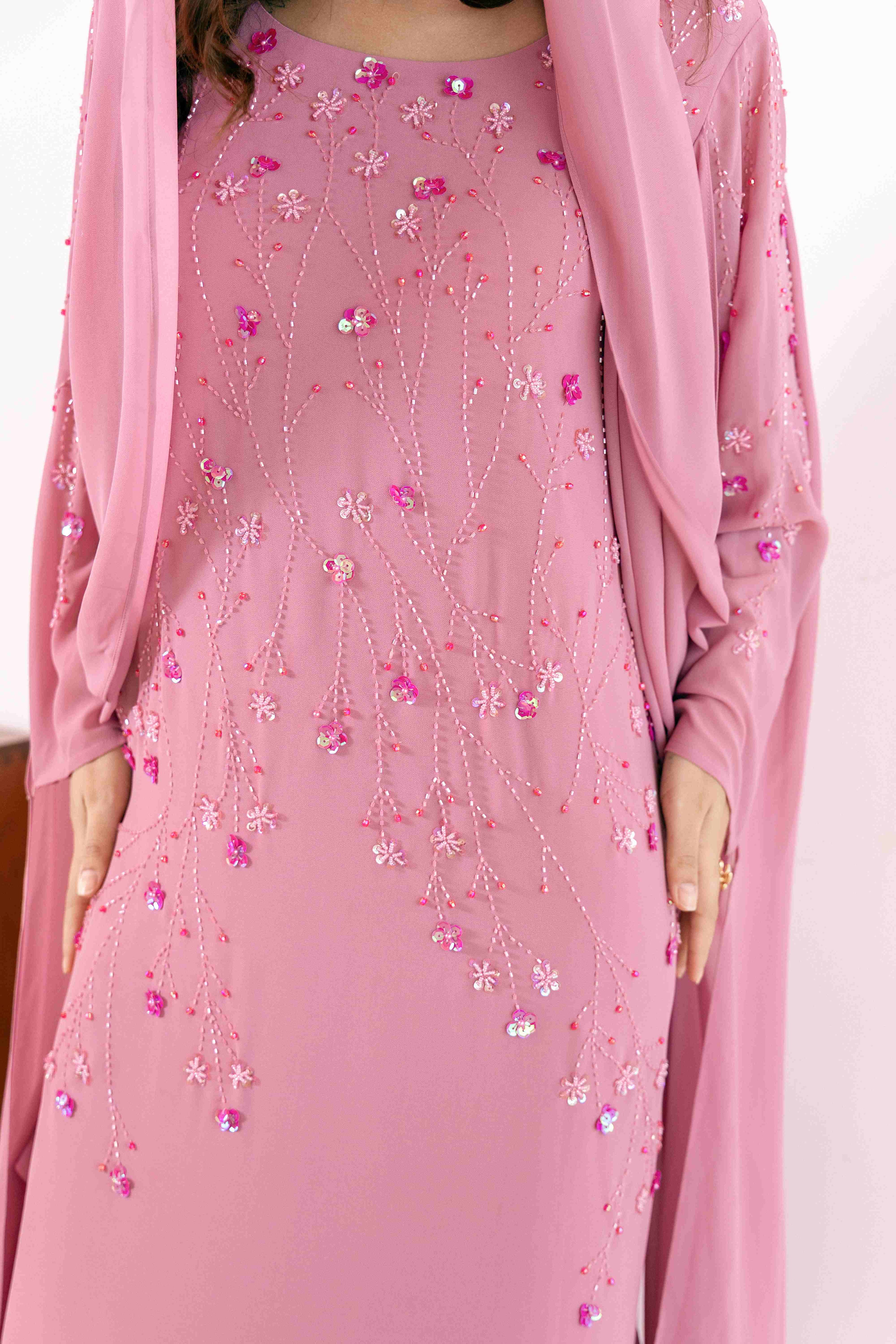 P25018 Pink Hand made Sequin-Embellished Abaya Dress Set