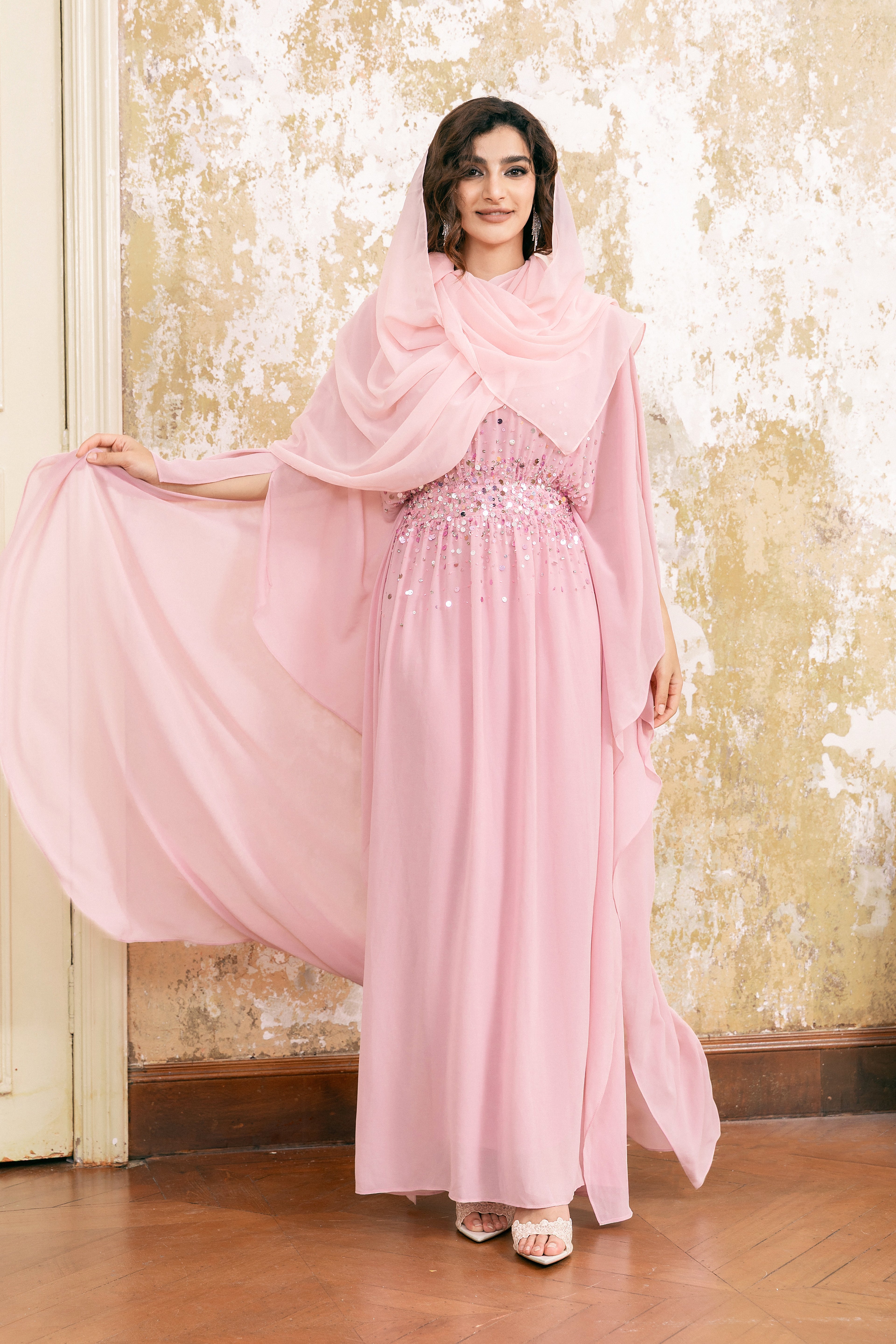 P25017 Light Pinkl Sequin-Embellished Abaya Dress Set