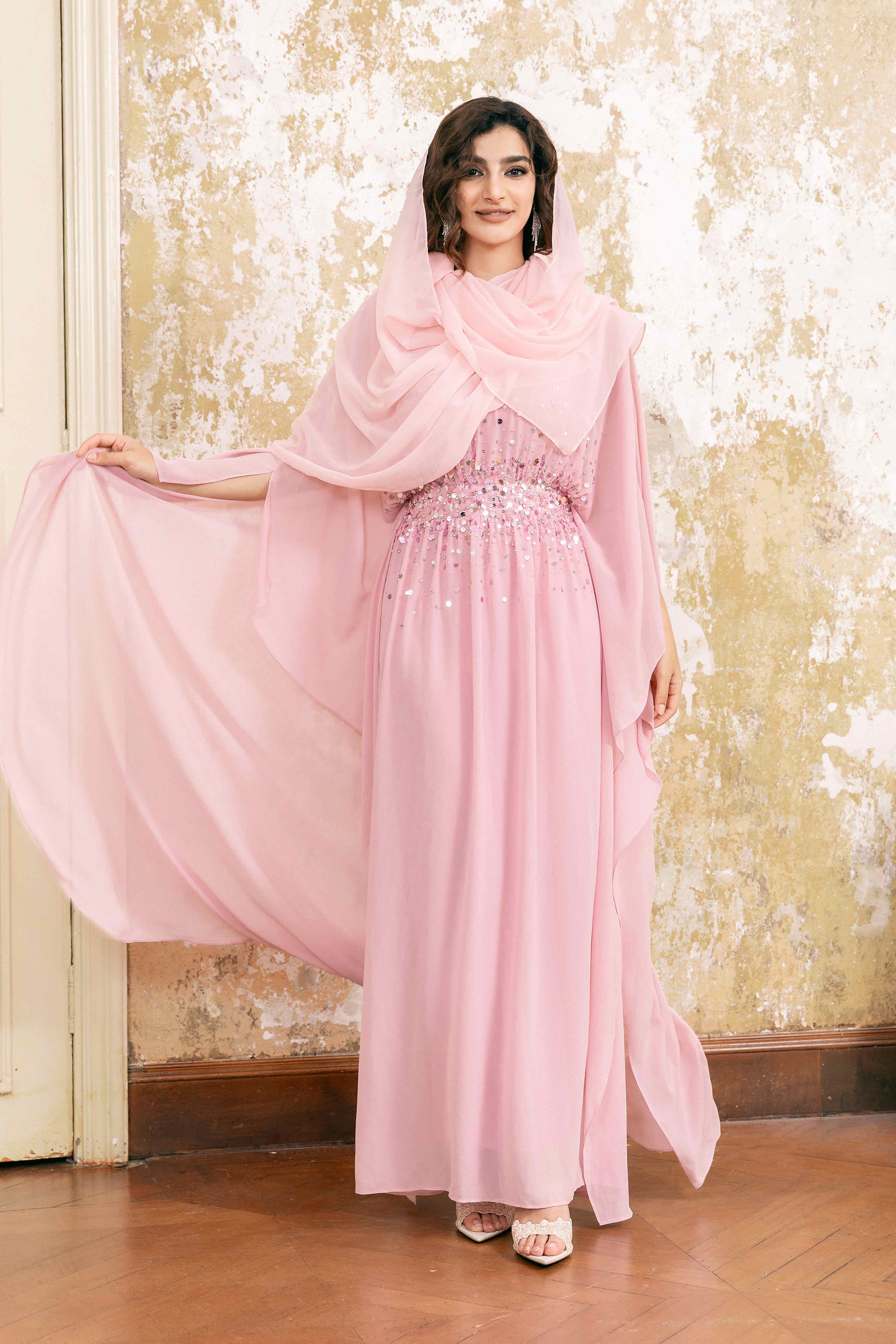 P25017 Light Pink Sequin-Embellished Abaya Dress Set