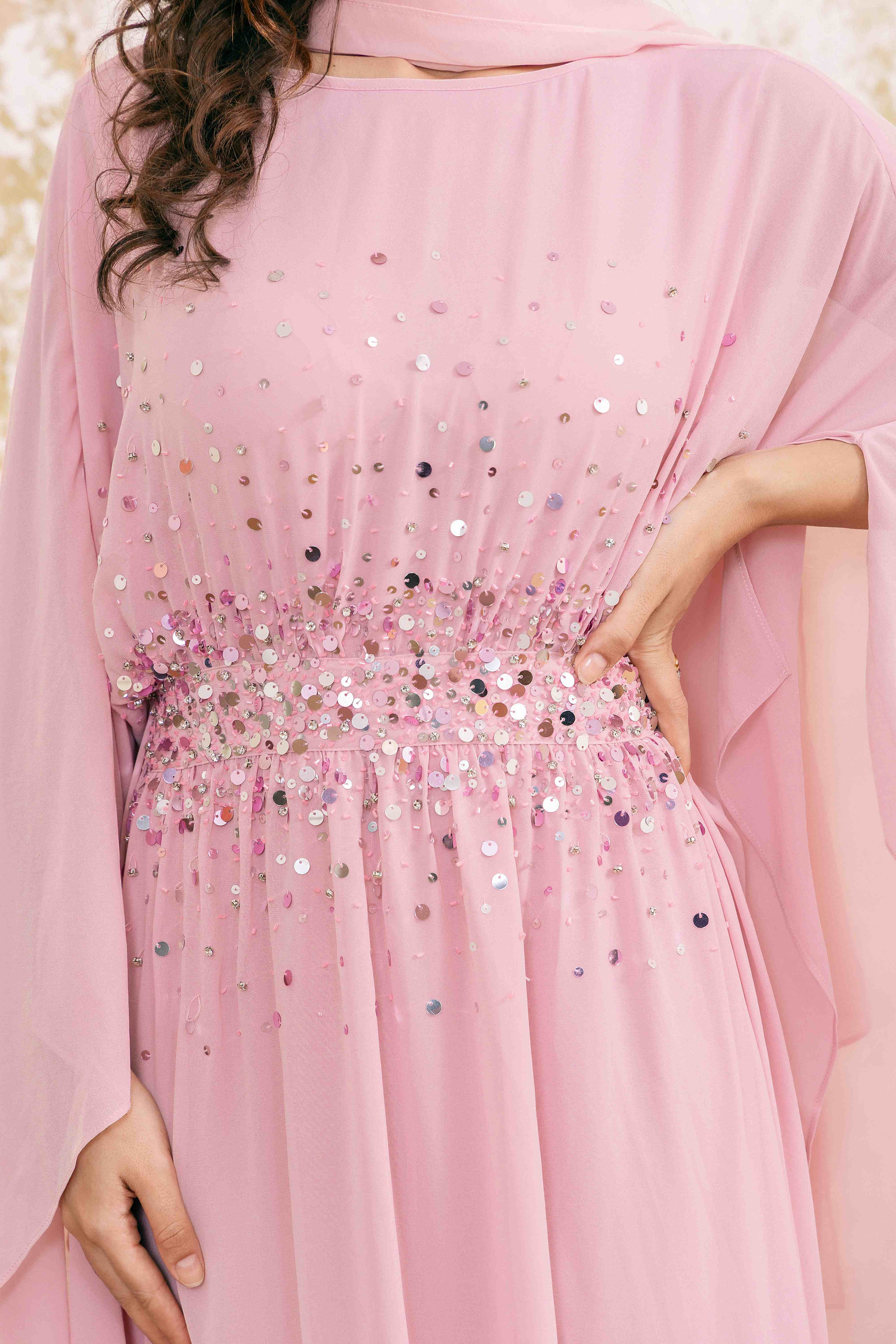 P25017 Light Pink Sequin-Embellished Abaya Dress Set