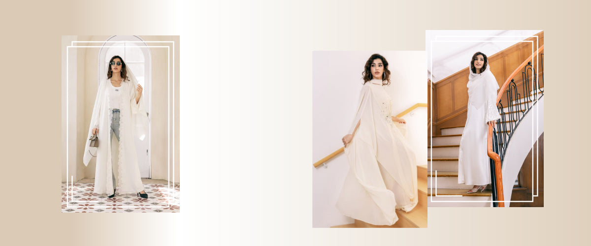 Woman in a white abaya dress posing in various indoor settings