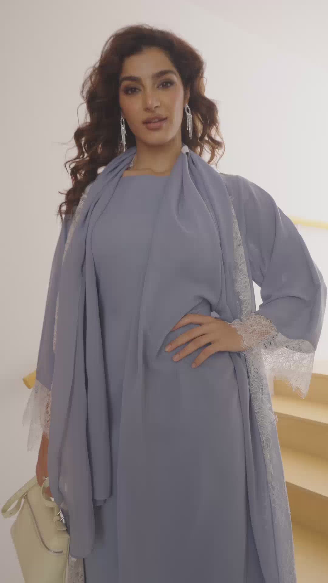 P25029 Haze Blue Chiffon Abaya Dress Set with Lace Trims