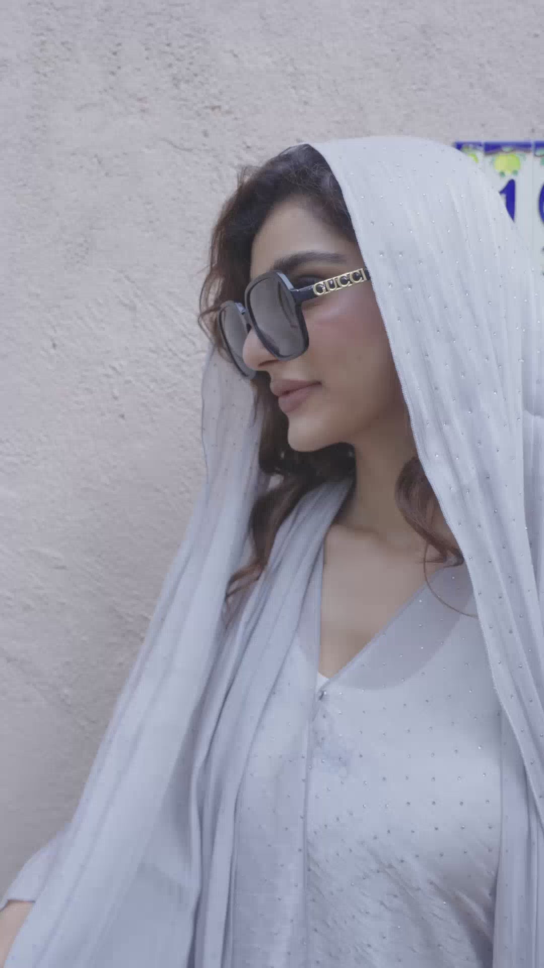 Detailed view of Silver Grey Full-Body Rhinestone Embellished Abaya Coat Set